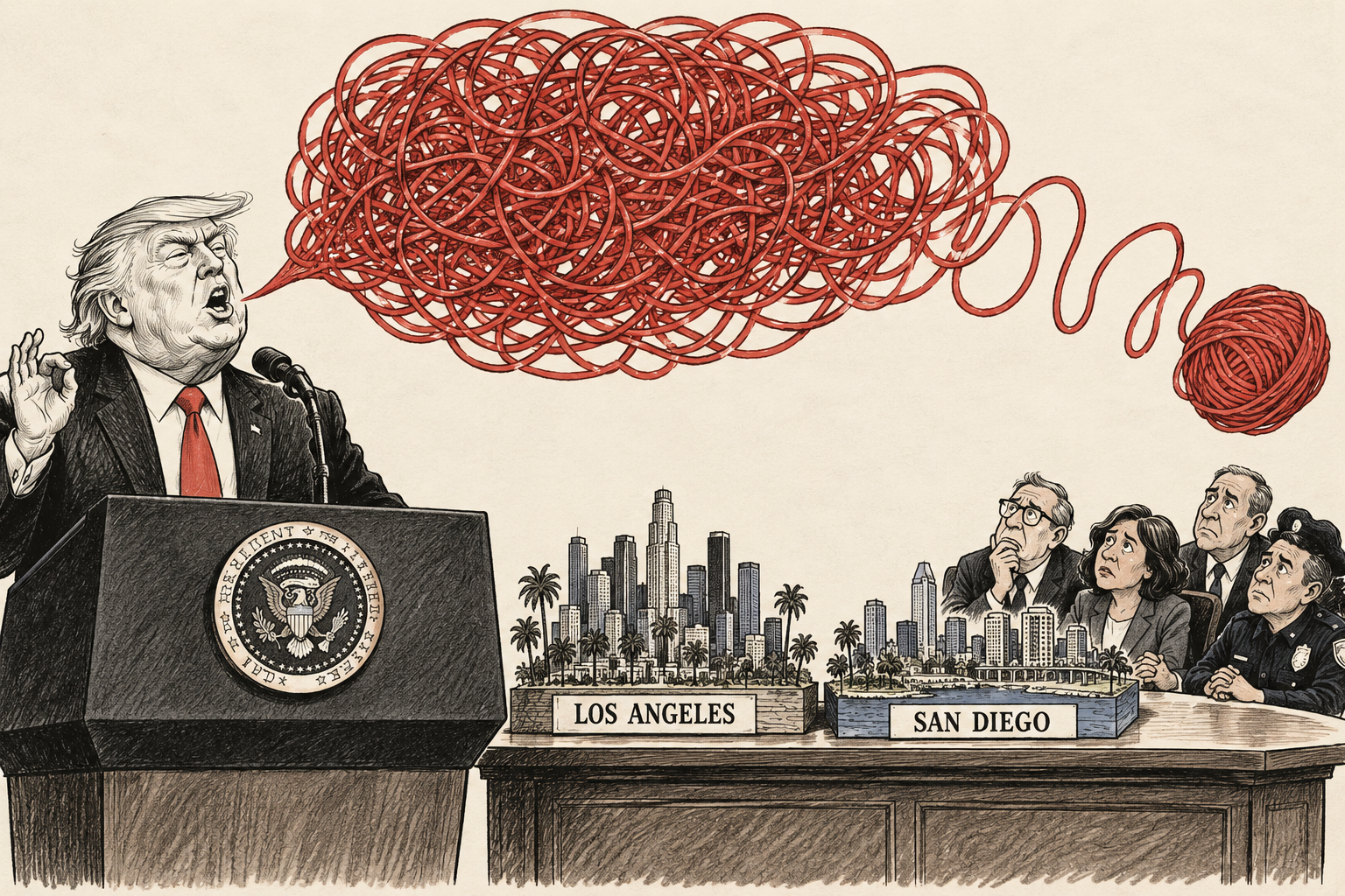 Editorial caricature of Trump with a tangled speech balloon beside intact miniature Los Angeles and San Diego skylines.