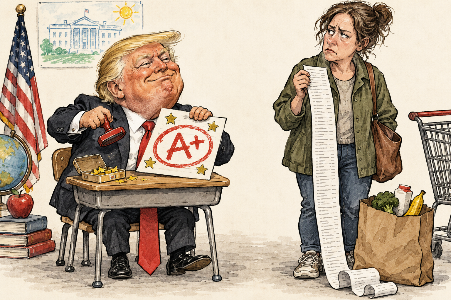 Editorial caricature of Trump stamping his own report card A-plus beside an unimpressed shopper holding a long grocery receipt.
