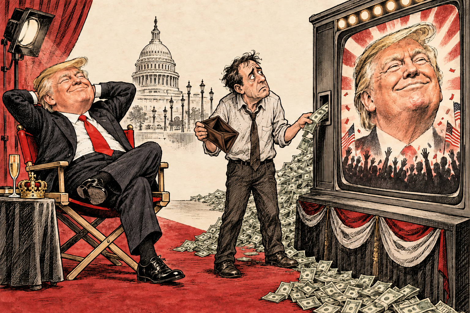 Editorial caricature of Trump admiring his own face on a giant screen while a taxpayer holds an empty wallet and feeds money into the screen.
